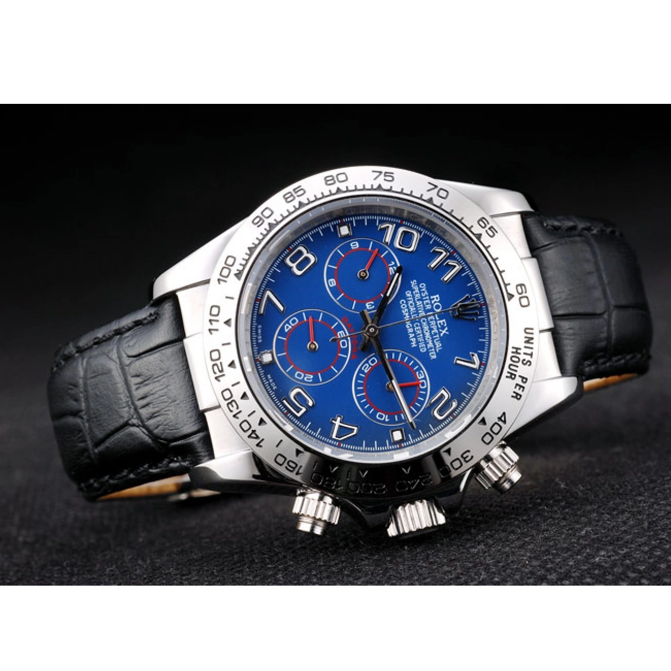 Best AAA Replica Sites Case Stainless Leather Steel Rolex Blue Daytona Dial Black Strap 0518